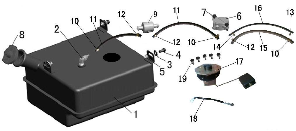 F16 - GAS TANK CODE PART CODE DESCRIPTION(EN) QTY 1 L1209011 GASOLINE TANK 1 2 L1209030 PIPE FUEL 1 3 A0107040 RUBBER WASHER 3 4 S0101208 BOLT,FLANGE(M8 25) 3 5 S0203004 NUT,FLANGE(M8) 3 6 H1209060