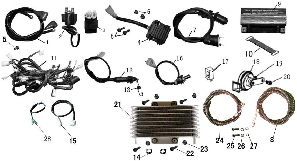 F17 - ELECTRIC SYSTEM 1 L1001021 WIRE,MOTOR 1 2 L1011010 START RELAY 1 3 L1003010 CDI 1 4 L1003030 RECTIFIER 1 5 S0101057 BOLT,FLANGE(M6 20) 2 6 S0203003 NUT(M6) 2 7 L1003020 IGNITION COIL 1 8