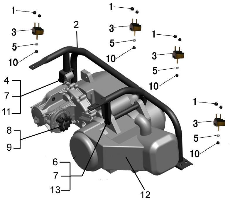 F02 - ENGINE CODE PART CODE DESCRIPTION(EN) QTY 1 GB/T 6187.1 M8 BOLT(M8) 8 2 L0103010 HANGER FRAME,ENGINE 1 3 A0104010 BUFFERING WASHER,ENGING 4 4 GB/T 5789 M10 1.25 70 BOLT,FLANGE(M10 1.