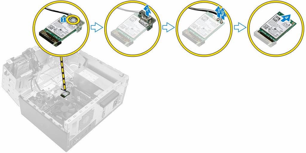 Αφαίρεση της κάρτας WLAN 1. Ακολουθήστε τη διαδικασία που περιγράφει η ενότητα Πριν από την εκτέλεση εργασιών στο εσωτερικό του υπολογιστή σας. 2. Αφαιρέστε: το κάλυμμα τη στεφάνη συγκράτησης 3.