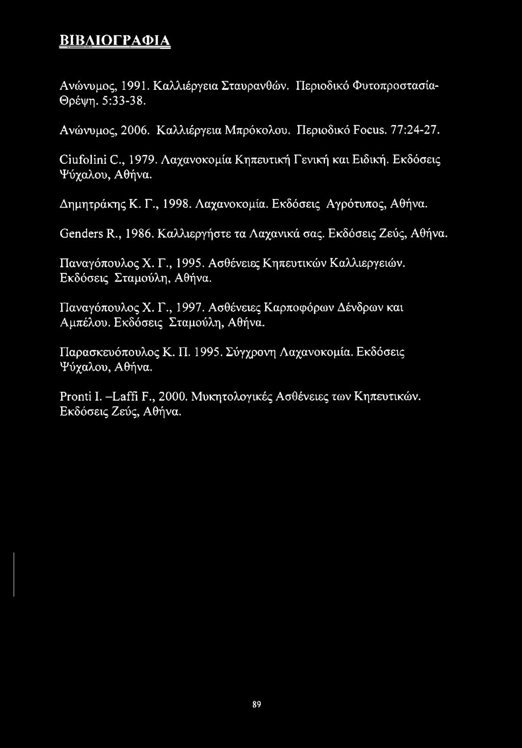 Εκδόσεις Ζεύς, Αθήνα. Παναγόπουλος X. Γ., 1995. Ασθένειες Κηπευτικών Καλλιεργειών. Εκδόσεις Σταμούλη, Αθήνα. Παναγόπουλος X. Γ., 1997. Ασθένειες Καρποφόρων Δένδρων και Αμπέλου.