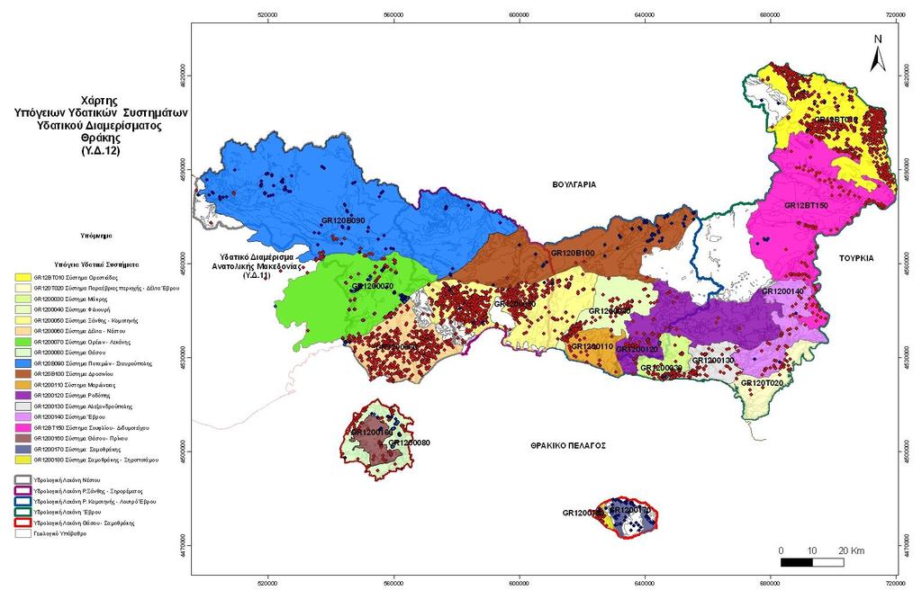 Σχήμα 13-2 Χωρική κατανομή των κυριότερων σημείων απόληψης (γεωτρήσεις - κόκκινο χρώμα &