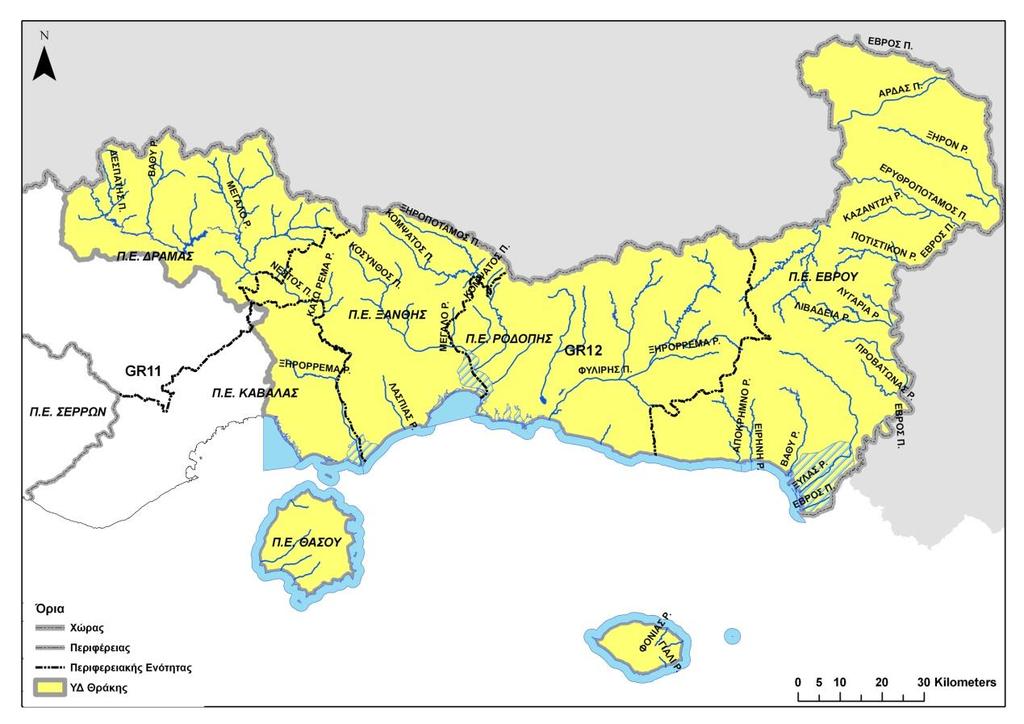 ΣΧΕΔΙΟ ΔΙΑΧΕΙΡΙΣΗΣ ΥΔΑΤΙΚΟΥ ΔΙΑΜΕΡΙΣΜΑΤΟΣ ΘΡΑΚΗΣ (GR12) Ξάνθης (Ξάνθη) Ροδόπης (Κομοτηνή) Έβρου(Αλεξανδρούπολη) Σχήμα 3-1 Οι ΠΕ του ΥΔ 12 Βάσει του Προγράμματος Καλλικράτη, οι Δήμοι είναι
