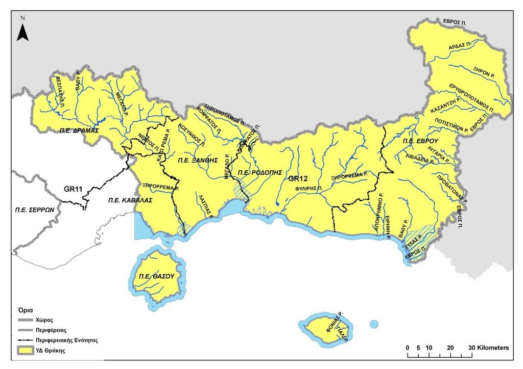 ΣΧΕΔΙΟ ΔΙΑΧΕΙΡΙΣΗΣ ΥΔΑΤΙΚΟΥ ΔΙΑΜΕΡΙΣΜΑΤΟΣ ΘΡΑΚΗΣ (GR12) Ξάνθης (Ξάνθη) Ροδόπης (Κομοτηνή) Έβρου(Αλεξανδρούπολη) Σχήμα 3-1 Οι ΠΕ του ΥΔ 12 Βάσει του Προγράμματος Καλλικράτη, οι Δήμοι είναι