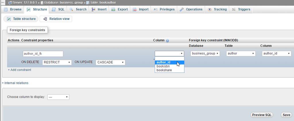 Δήλωση author_id σαν ξένο κλείδι Προβολή Σχέσης Γράφουμε ένα όνομα, όπως author_id_fk Επιλέγουμε το πεδίο που θα συσχετιστεί με το ξένο πίνακα.
