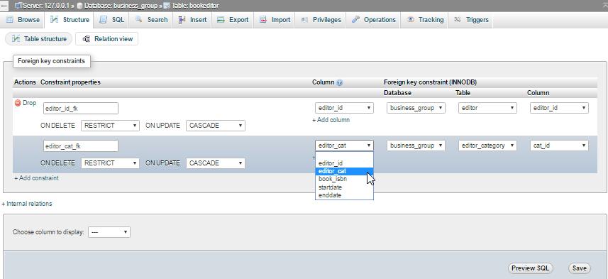 Δήλωση editor_cat σαν ξένο κλείδι Προβολή Σχέσης Γράφουμε ένα όνομα, όπως editor_cat_fk Επιλέγουμε το πεδίο που θα συσχετιστεί με το ξένο πίνακα.