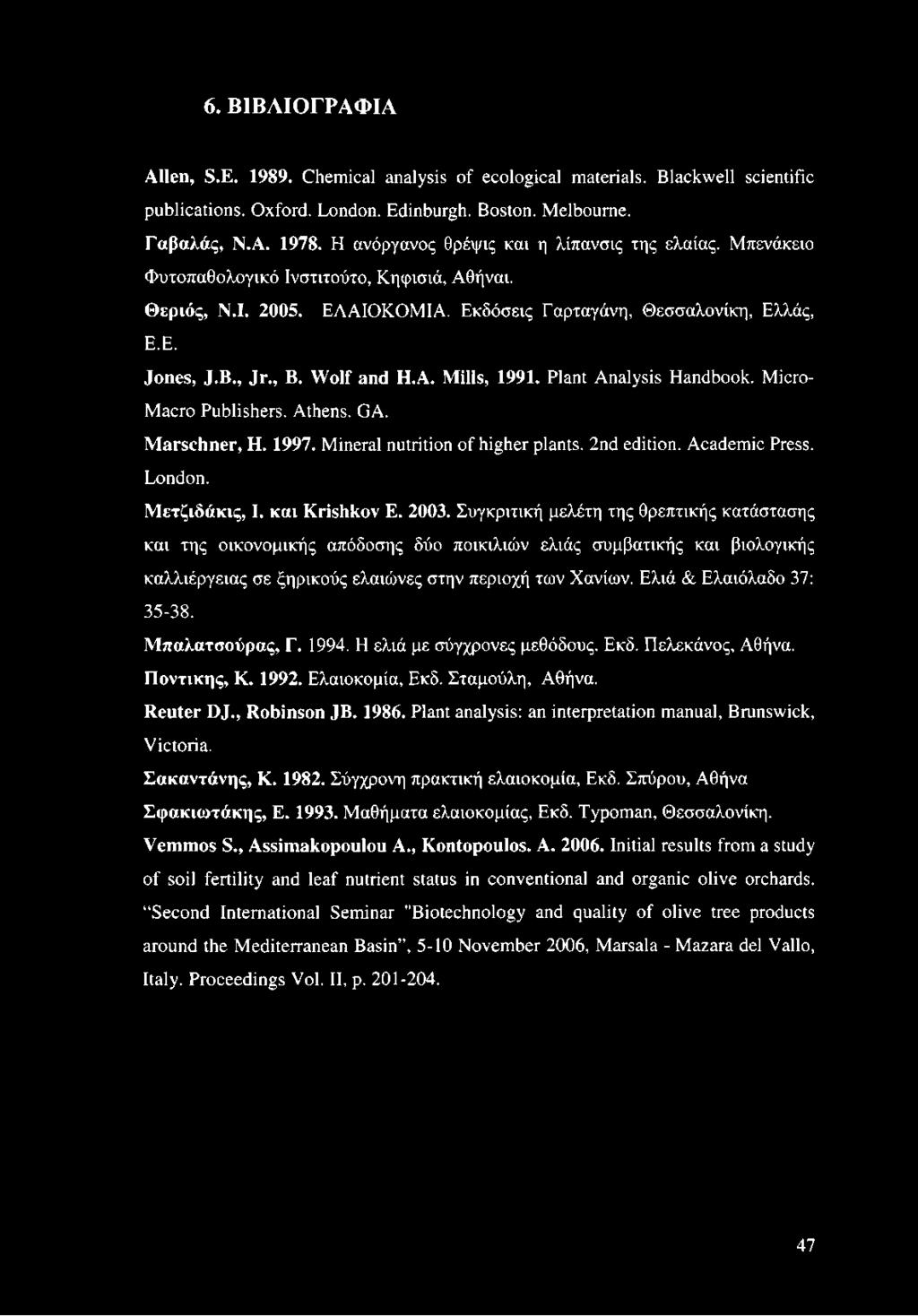 Wolf and Η.Α. Mills, 1991. Plant Analysis Handbook. Micro- Macro Publishers. Athens. GA. Marschner, H. 1997. Mineral nutrition of higher plants. 2nd edition. Academic Press. London. Μετζιδάκις, 1.