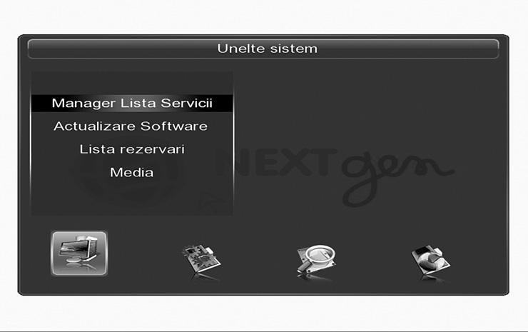 SYNAPS DVB-CHD 3100M 5 Albastru: Blocare Galben: Mutare TV/Radio: Blocare/Deblocare Parentala Type: 4.1.2 MEDIA In Unelte Sistem selectati Media apoi apasati butonul OK pentru a intra in Media.