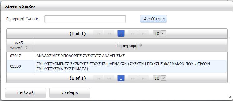 εμφανίζονται όλα τα Υλικά που συνδέονται με τον Κωδικό
