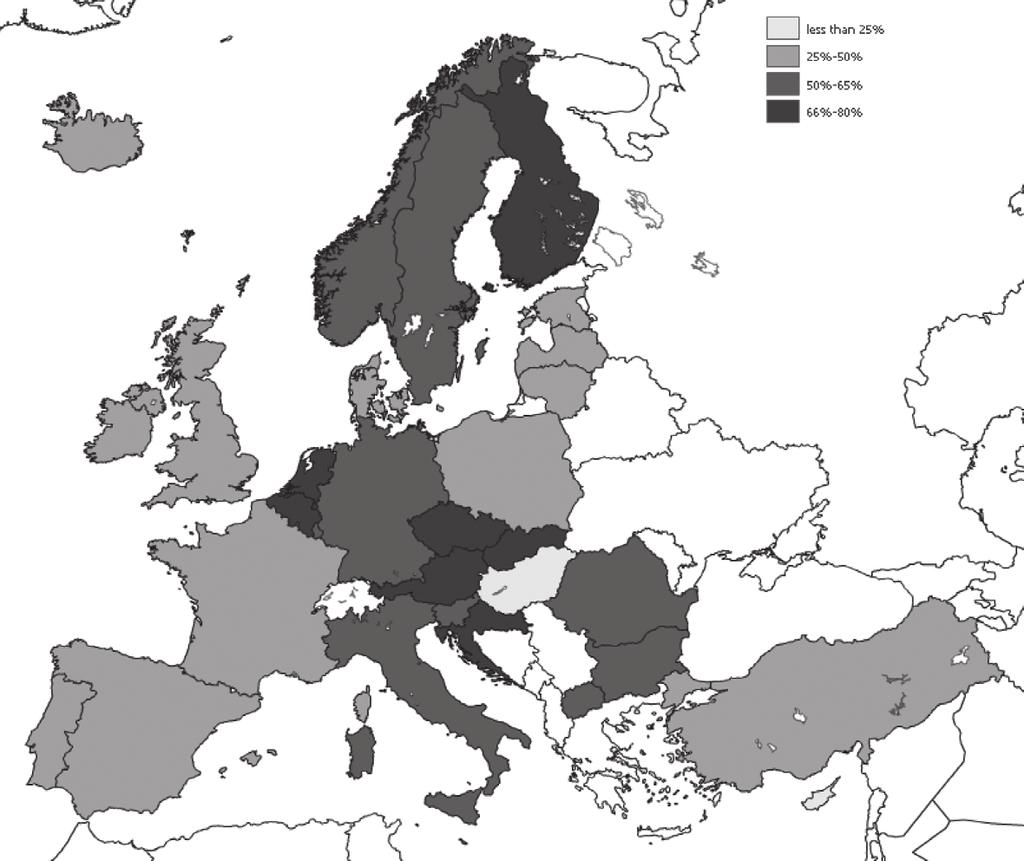 Πολιτικές Εκπαίδευσης και Κατάρτισης. Για τις Eπιστημολογικές και... Εικόνα 1: Η κατάσταση των πραγμάτων στην Ευρώπη για την επαγγελματική εκπαίδευση και κατάρτιση (VET). Συμμετοχή στην αρχική VET.
