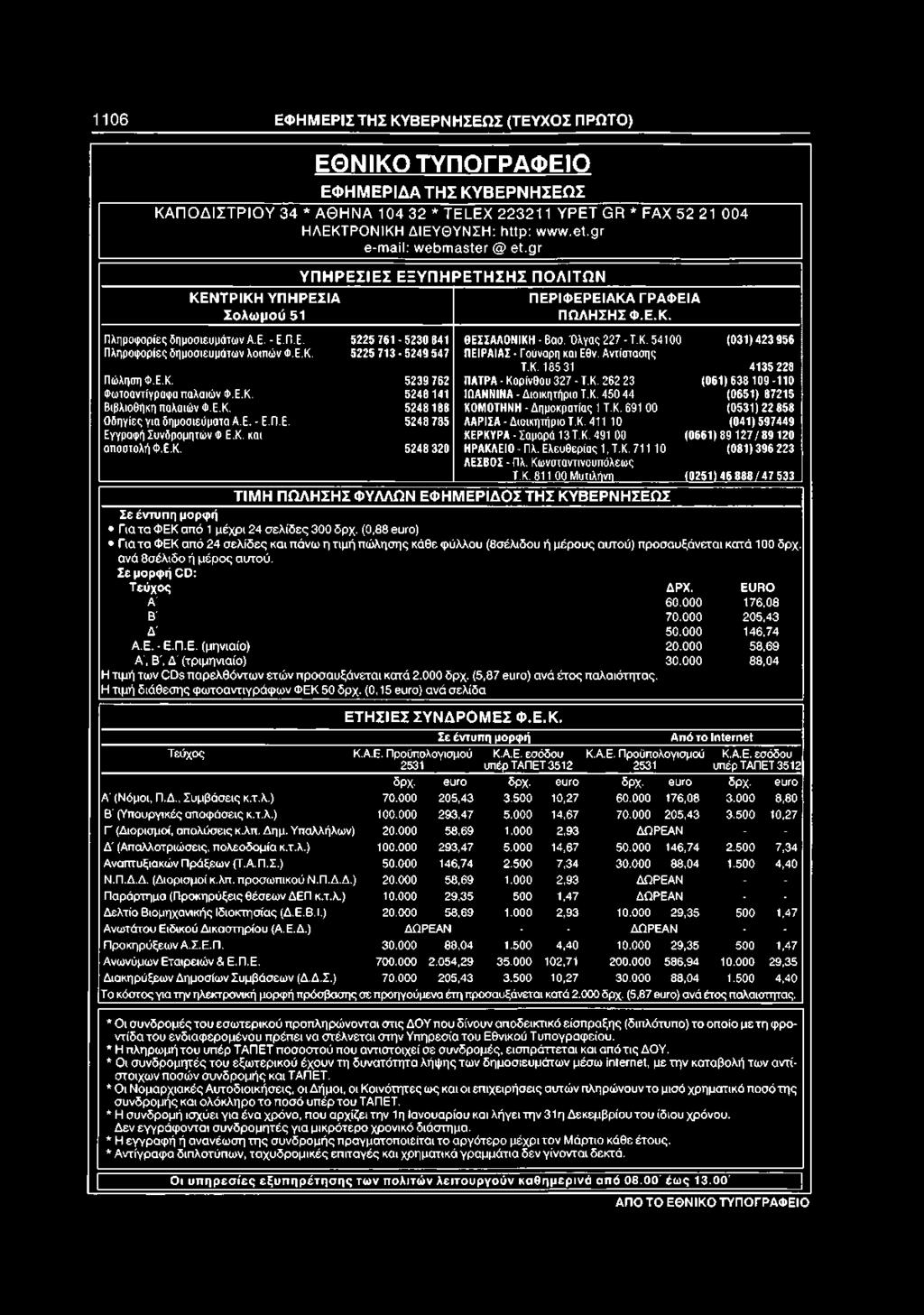 Ε. - Ε.Π.Ε. 5248 785 ΛΑΡΙΣΑ-Διοικητήριο Τ.Κ. 411 10 (041)597449 Εγγραφή Συνδρομητών Φ.Ε.Κ. και ΚΕΡΚΥΡΑ - Σαμαρά 13Τ.Κ. 491 00 (0661) 89 127/89 120 αποστολή Φ.Ε.Κ. 5248 320 ΗΡΑΚΛΕΙΟ - Πλ.