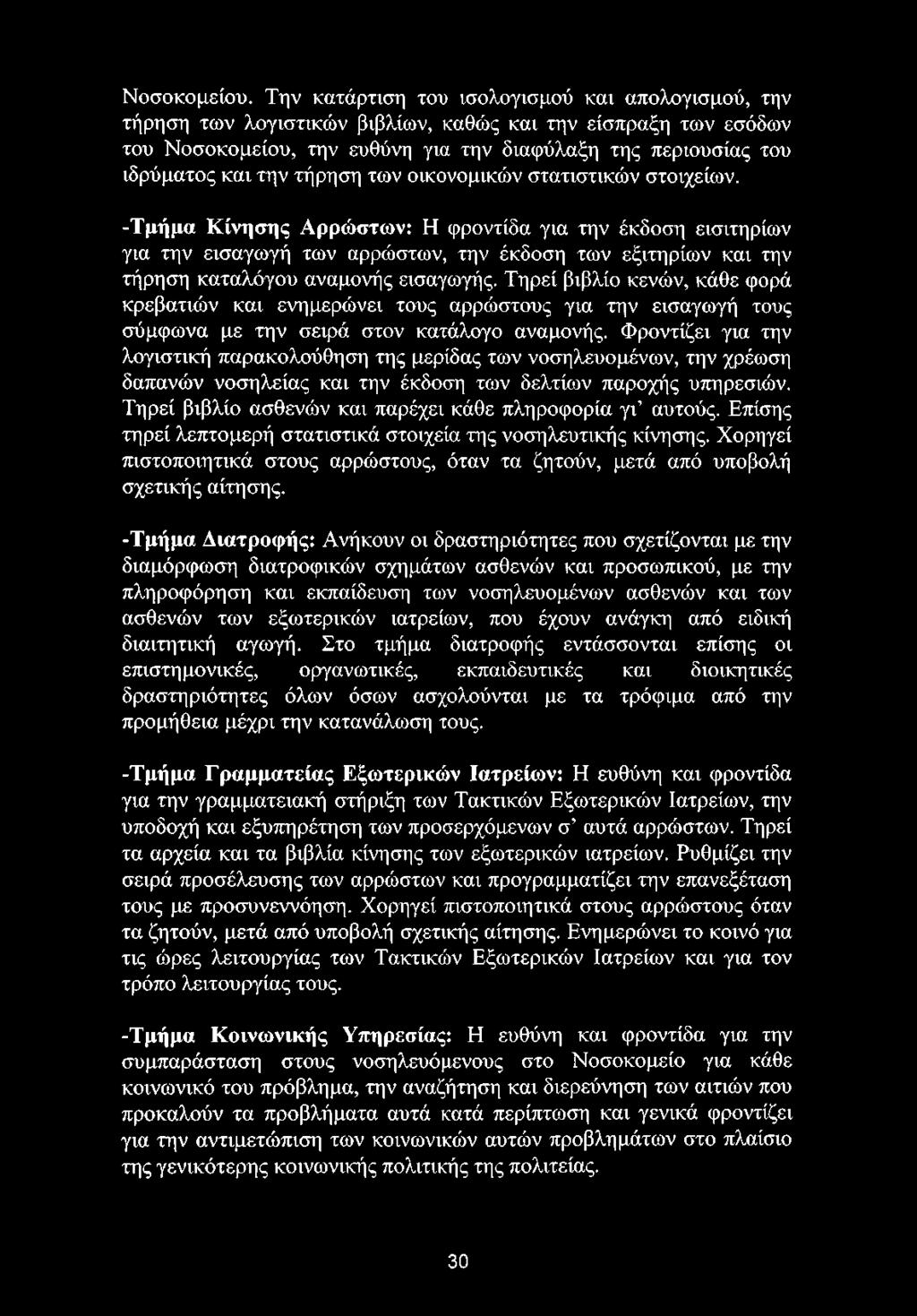 Τηρεί βιβλίο κενών, κάθε φορά κρεβατιών και ενημερώνει τους αρρώστους για την εισαγωγή τους σύμφωνα με την σειρά στον κατάλογο αναμονής.