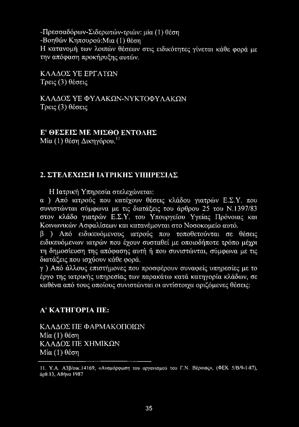 του Υπουργείου Υγείας Πρόνοιας και Κοινωνικών Ασφαλίσεων και κατανέμονται στο Νοσοκομείο αυτό, β ) Από ειδικευόμενους ιατρούς που τοποθετούνται σε θέσεις ειδικευόμενων ιατρών που έχουν συσταθεί με