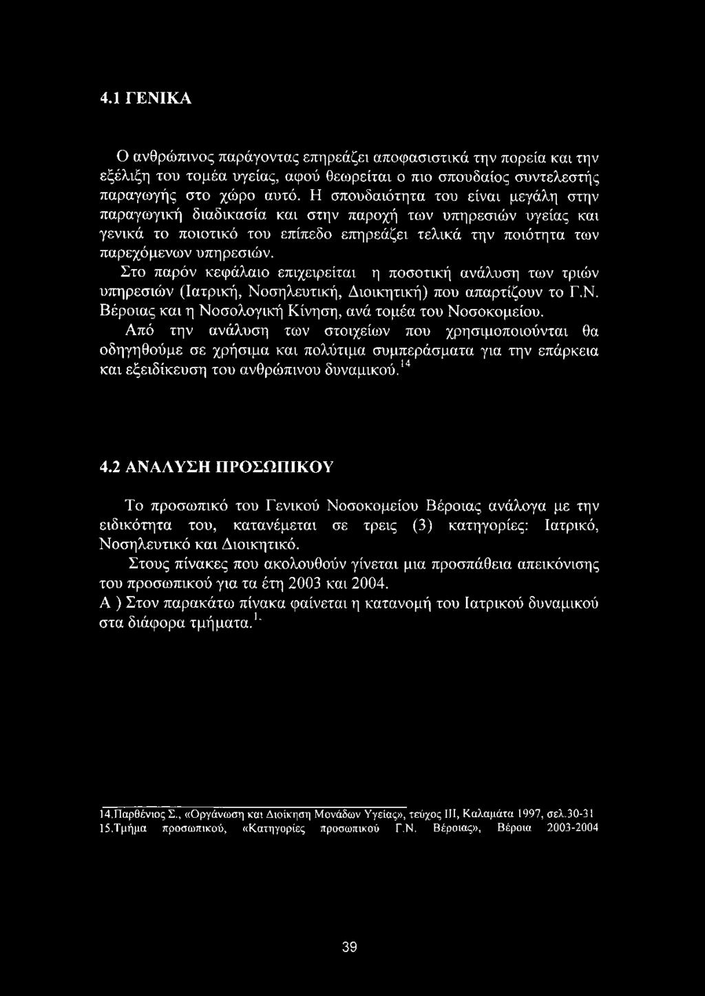 2 ΑΝΑΛΥΣΗ ΠΡΟΣΩΠΙΚΟΥ Το προσωπικό του Γενικού Νοσοκομείου Βέροιας ανάλογα με την ειδικότητα του, κατανέμεται σε τρεις (3) κατηγορίες: Ιατρικό, Νοσηλευτικό και Διοικητικό.