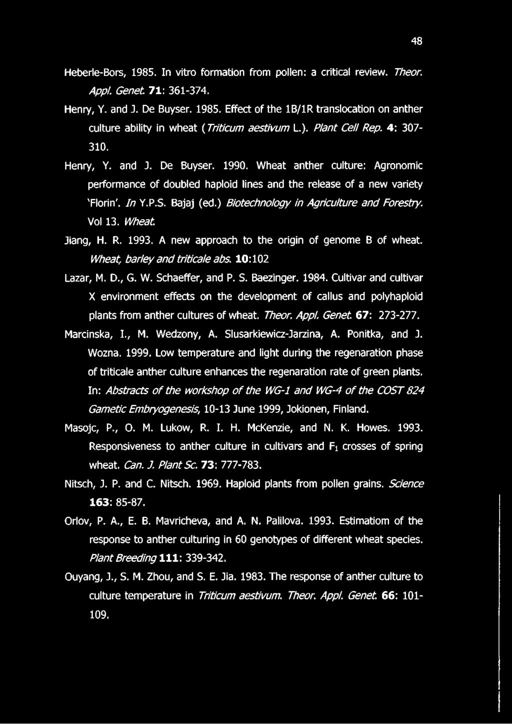 ) Biotechnology in Agriculture and Forestry. Vol 13. Wheat Jiang, H. R. 1993. A new approach to the origin of genome B of wheat. Wheat, barley and triticale abs. 10:102 Lazar, M. D., G. W. Schaeffer, and P.