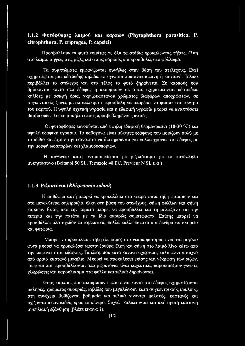 Τα συμπτώματα εμφανίζονται συνήθως στην βάση του στελέχους. Εκεί σχηματίζεται μια υδατώδης κηλίδα που γίνεται πρασινοκαστανή ή καστανή. Τελικά περιβάλλει το στέλεχος και στο τέλος το φυτό ξηραίνεται.