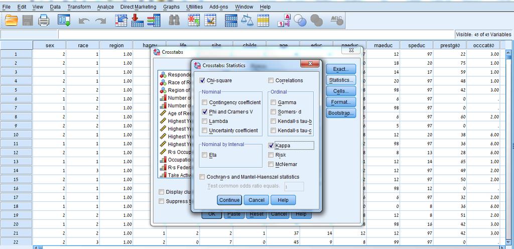 חשוב שכל המשתנים יהיו בעלי מספר זהה של ערכים )קטגוריות(, לא עבור חי בריבוע אבלך עבור השאר..Rows & Columns cells לא לשכוח לסמן ב- הערה: כאשר יש תאים שיש בהם פחות מחמישה % תאים: יש לחשוד בהם.