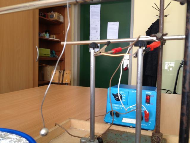 centimetara. Na krajeve žice, postavila sam elektrode. Na drugi stalak, udaljen nekoliko centimetara, objesila sam magnet.