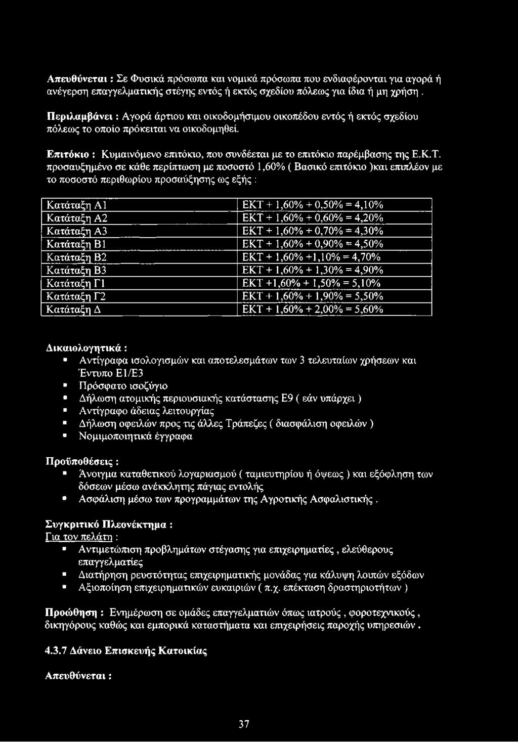 προσαυξημένο σε κάθε περίπτωση με ποσοστό 1,60% ( Βασικό επιτόκιο )και επιπλέον με το ποσοστό περιθωρίου προσαύξησης ως εξής : Κατάταξη Α1 ΕΚΤ + 1,60% + 0,50% = 4,10% Κατάταξη Α2 ΕΚΤ + 1,60% + 0,60%