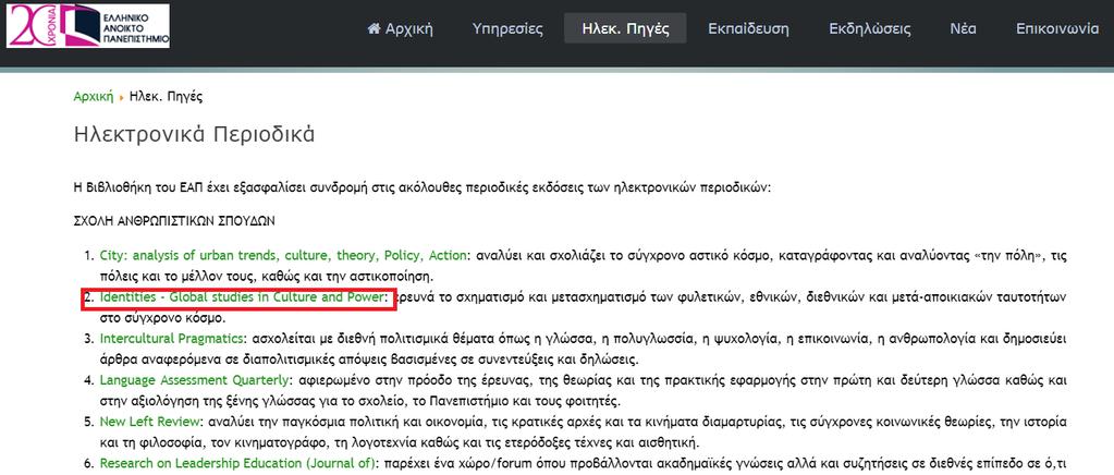 Β. Επιλογή «Ηλεκτρονικά περιοδικά» όπου εμφανίζονται οι τίτλοι των περιοδικών που έχει συνδρομή η Βιβλιοθήκη σε αλφαβητική σειρά και ανά Σχολή.