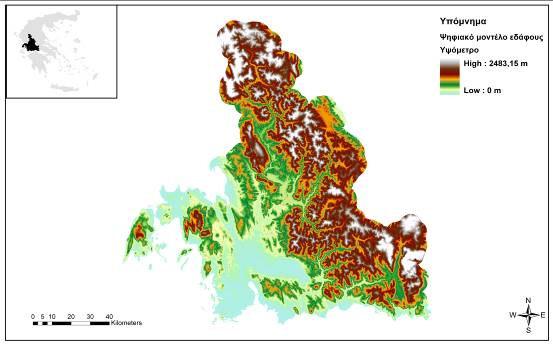 ΣΧΗΜΑ 2.3. Ψηφιακό µοντέλο εδάφους (DEM) του Υδατικού διαµερίσµατος της υτικής Στερεάς Ελλάδας 2.