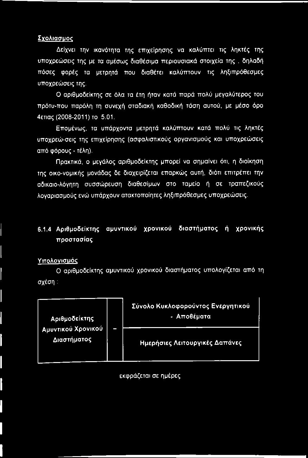 ) το 5.01. Επομένως, τα υπάρχοντα μετρητά καλύπτουν κατά πολύ τις ληκτές υποχρεώ-σεις της επιχείρησης (ασφαλιστικούς οργανισμούς και υποχρεώσεις από φόρους - τέλη).