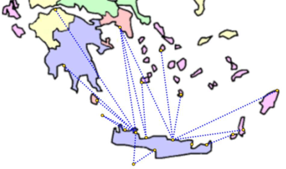Υπόμνημα: : Οι καταλληλότερες έδρες των υδατοδρομίων της Κρήτης - - - - - - -: Οι πτήσεις μεταξύ των υδατοδρομίων Εικόνα 5-36 Δίκτυο σύνδεσης εκτός Κρήτης για τους μόνιμους κατοίκους Το παραπάνω