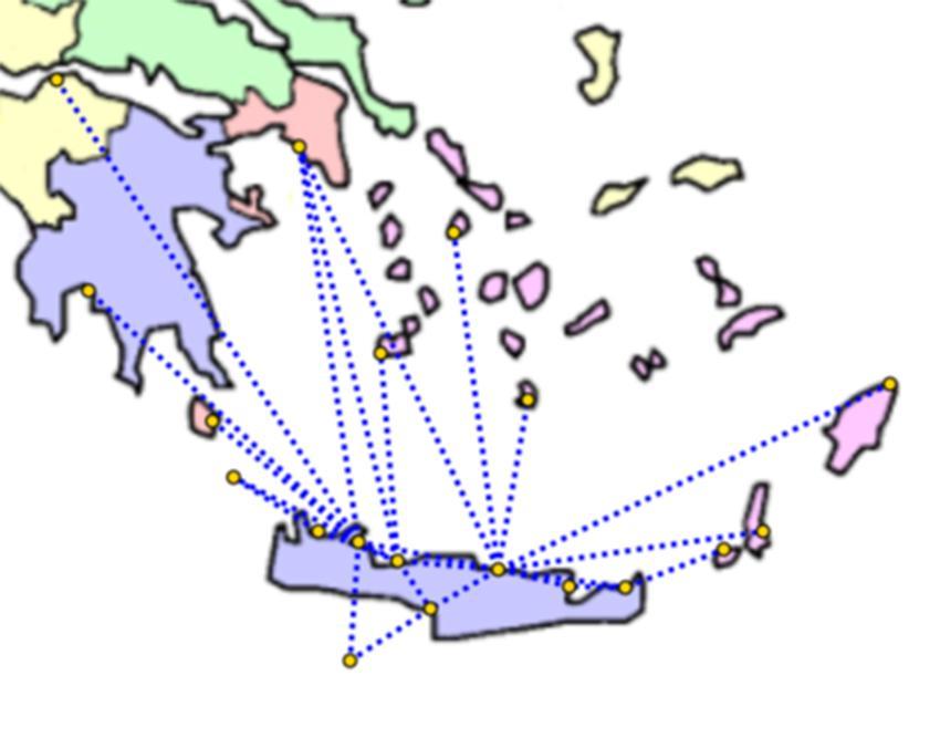 Υπόμνημα: Βλέπε υπόμνημα Εικόνας 5-36 Εικόνα 5-37 Δίκτυο σύνδεσης ευρύτερης περιοχής Νοτίου Αιγαίου για τους μόνιμους κατοίκους 522 Επιλογή προορισμών για τους επισκέπτες Όπως έχει αναφερθεί στο