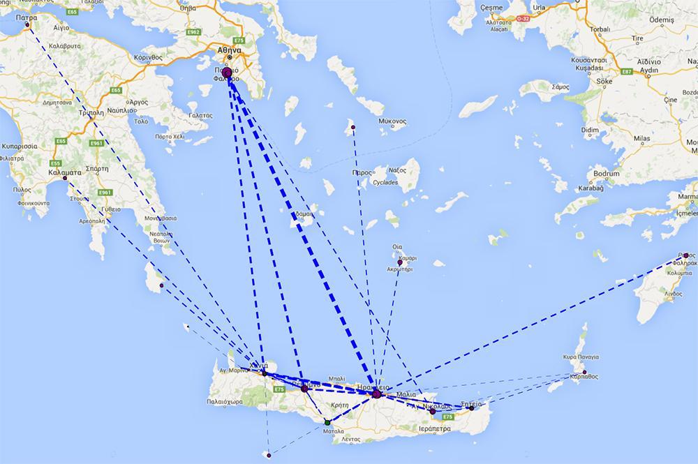 Τέλος, στην Εικόνα 5-49 παρατίθεται η συνολική δυναμική των πτήσεων για τους μόνιμους κατοίκους Εικόνα 5-49 Το δίκτυο όλων των υδατοδρομίων της Κρήτης και των