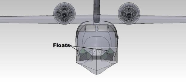 Εικόνα 3-24 Παράδειγμα CAD μοντέλου με σύστημα προσγείωσης με πλωτήρες (Example CAD Model with undercarriage Floats) Πηγή: [2] Εικόνα 3-25 CAD μοντέλο υδροπλάνου Trimaran σε εγκάρσια όψη που δείχνει: