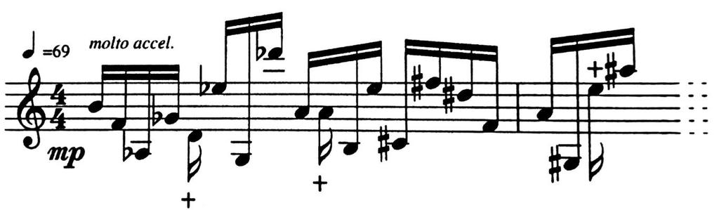 Μία πιο συμβατική χρήση αυτού του τύπου pizzicato παρατηρείται στην Inventio 1 του Werner Heider για σόλο βιολί.