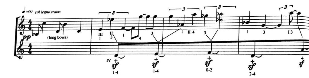 Αυτή τη μορφή τεχνικής χρησιμοποιεί και ο Virko Baley στο έργο Figments για σόλο βιολί.
