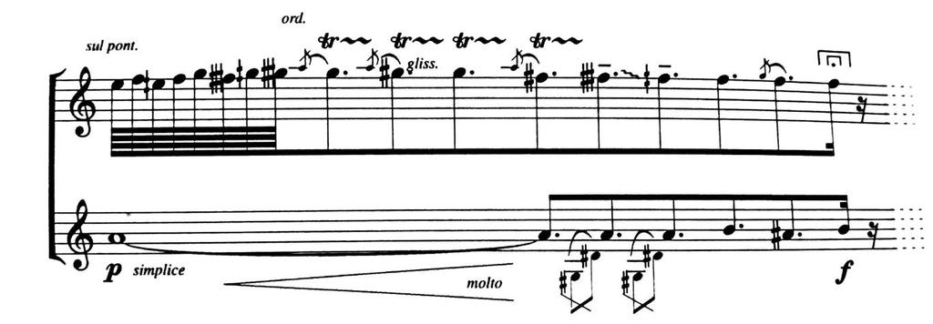Στο έργο Pour triompher du soleil της Violetta Dinescu, η συνθέτης χρησιμοποιεί δύο ξεχωριστά πεντάγραμμα, προκειμένου να δείξει το glissando με τρίλια και ένα arpeggio με την ανοιχτή λα χορδή.