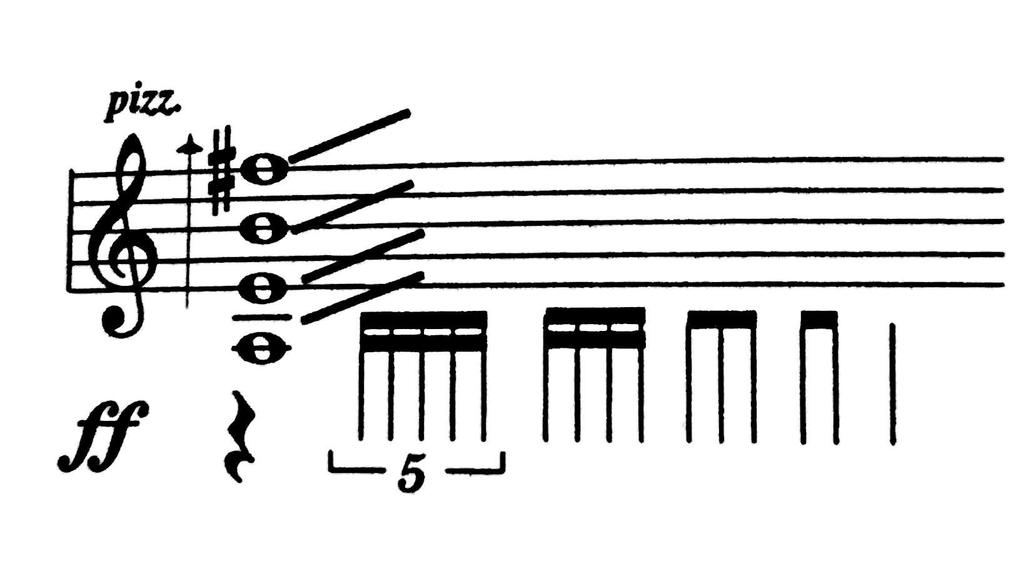 Ο Crumb στο έργο Black Angels σημειώνει ένα passage, κατά το οποίο ο βιολιστής χτυπά το ξύλο με τις αρθρώσεις του δεξιού χεριού, ενώ το αριστερό χέρι συνεχίζει να κάνει το pizzicato glissando μεταξύ