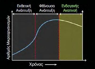 Φθίνουσα φάση : Κατά τη διάρκεια της φθίνουσας φάσης συμβαίνει λόγω της μείωσης της διαθέσιμης τροφής στο σύστημα, σχήμα 7.