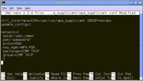 سيظهر لنا امللف وسنقوم بتعديله إىل النص التايل: ctrl_interface=dir=/var/run/wpa_ supplicant GROUP=netdev update_config=1 network={ ssid="user_name" psk="password" proto=rsn