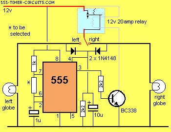 Σχήμα 7: Ηλεκτρονικό φλάσερ με απλό ρελέ 20 A και χρονοδιακόπτη 555 7. Η επιλογή της αντίστασης (*) ελέγχει το χρόνο του άναψε/σβήσε.