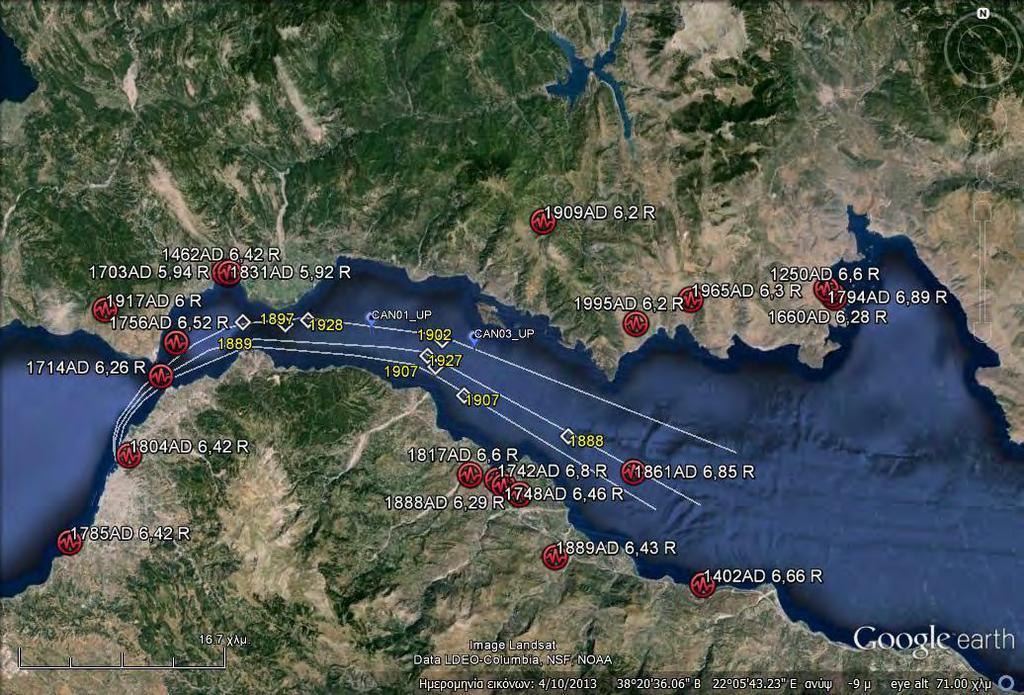 Εικ. 52: Σεισμικά επίκεντρα και σεισμογενείς θραύσεις στα υποθαλάσσια καλώδια ΧΡΟΝΟΛΟΓΙΚΑ ΜΟΝΤΕΛΑ ΤΩΝ ΠΥΡΗΝΩΝ Με βάση τις ραδιοχρονολογήσεις ( 14 C) στους πυρήνες προτείνεται ένα χρονικό