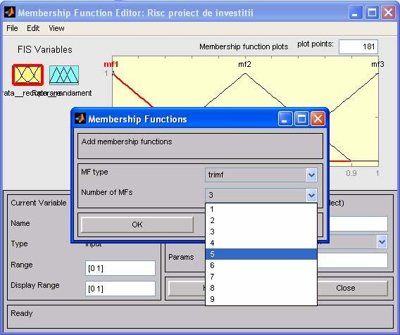 Fig.1.40. Incrementarea numărului de funcţii de apartenenţă Universul de discurs se defineşte în caseta Range din parte stângă- jos a editorului Membership Function.