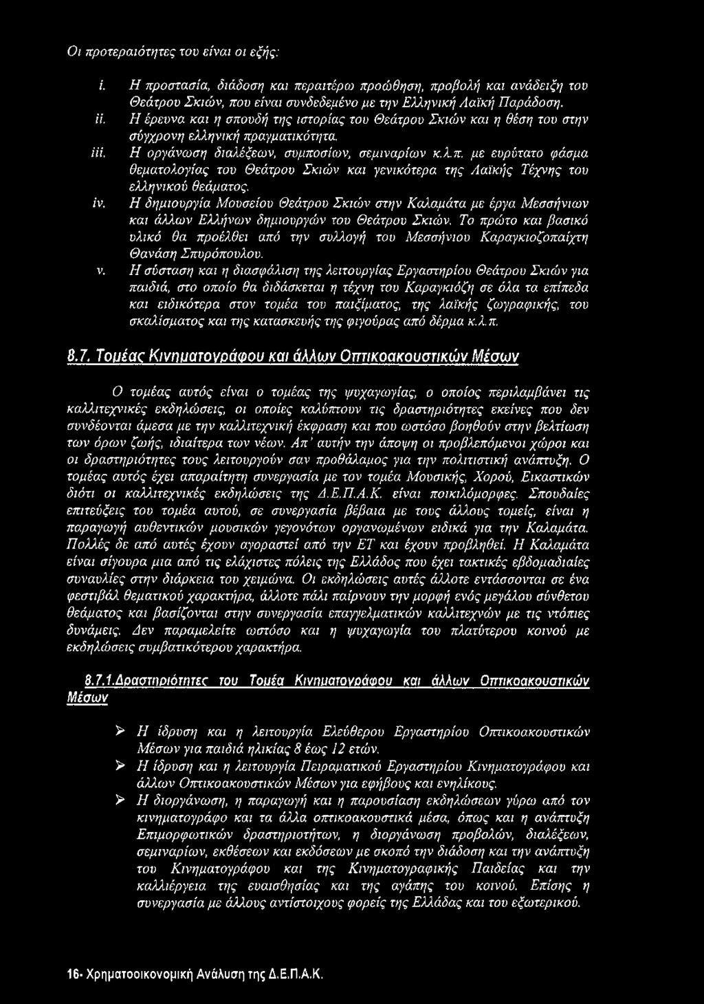 ίν. Η δημιουργία Μουσείου Θεάτρου Σκιών στην Καλαμάτα με έργα Μεσσήνιων και άλλων Ελλήνων δημιουργών του Θεάτρου Σκιών.