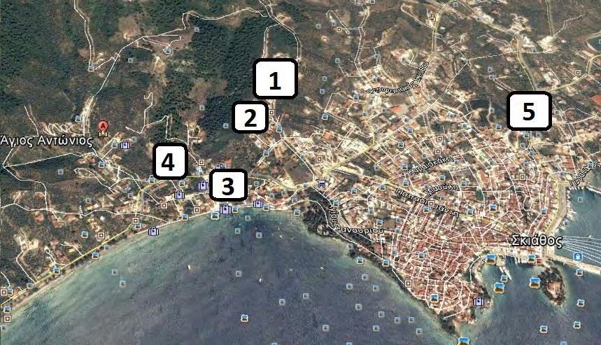 Εικόνα 4.1.3 : Υδρευτικές θέσεις της πόλης της Σκιάθου. Και συγκεκριμένα, τα σημεία της φωτογραφίας δείχνουν τις παρακάτω τοποθεσίες : ΘΕΣΗ 1 : Δεξαμενή ύδρευσης στον Αγ. Φανούριο χωρητικότητας 2.