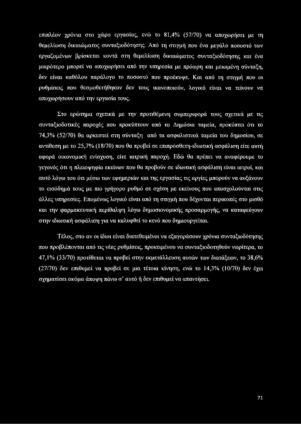 επιπλέον χρόνια στο χώρο εργασίας, ενώ το 81,4% (57/70) να αποχωρήσει με τη θεμελίωση δικαιώματος συνταξιοδότησης.