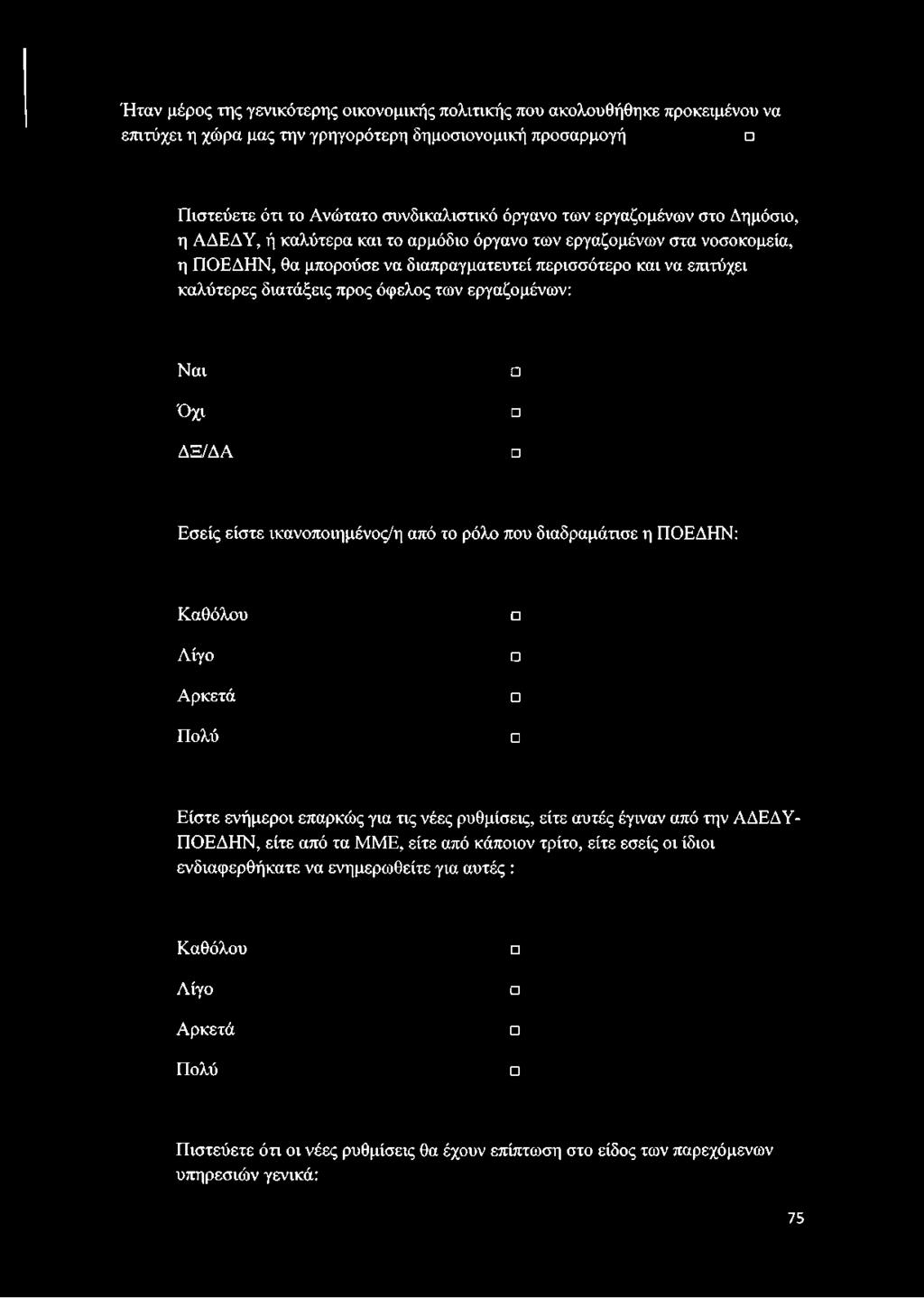 των εργαζομένων: Ναι Όχι ΔΞ/ΔΑ Εσείς είστε ικανοποιημένος/η από το ρόλο που διαδραμάτισε η ΠΟΕΔΗΝ: Καθόλου Λίγο Αρκετά Πολύ Είστε ενήμεροι επαρκώς για τις νέες ρυθμίσεις, είτε αυτές έγιναν από την