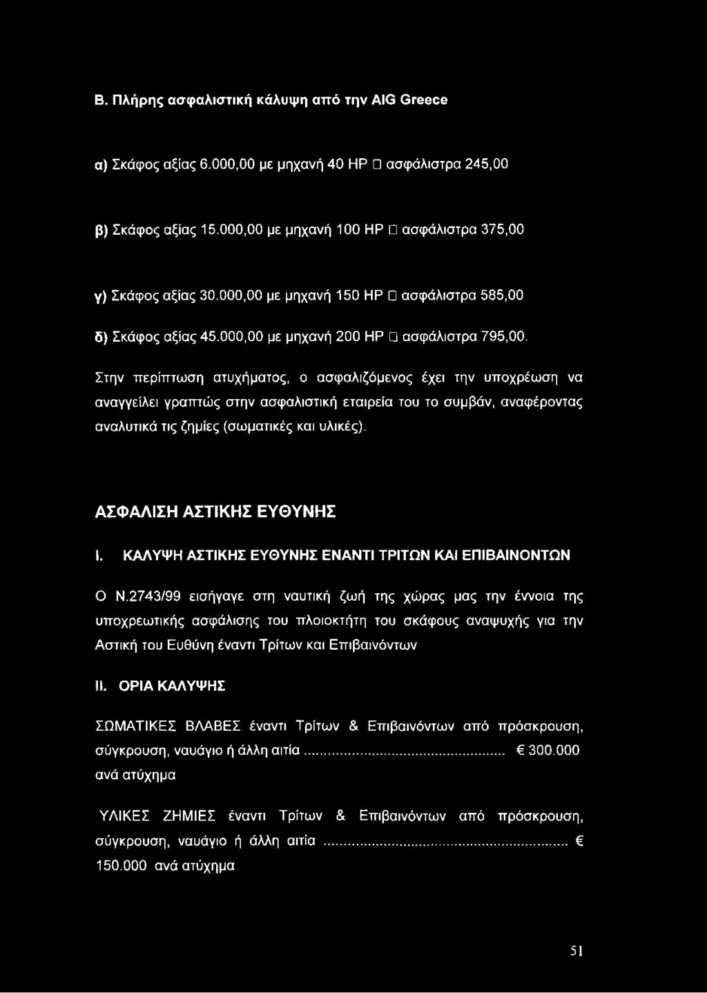 Β. Πλήρης ασφαλιστική κάλυψη από την AIG Greece α) Σκάφος αξίας 6.000,00 με μηχανή 40 ΗΡ ασφάλιστρα 245,00 β) Σκάφος αξίας 15.000,00 με μηχανή 100 ΗΡ ασφάλιστρα 375,00 γ) Σκάφος αξίας 30.