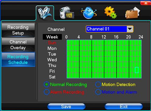 Channel Name Introduceti un nume pentru canal Channel Display Selectati pozitia afisarii numelui canalului pe ecran Time Display Selectati pozitia afisarii data/ora pe ecran Orar inregistrare:
