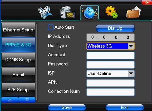 Setari Dial-UP: Daca selectati optiunea PPPoE, in functie de adresa IP, utilizatorul va putea accesa DVR-ul de la distanta. In cazul optiunii 3G Dial exista 2 moduri de apelare: 1.