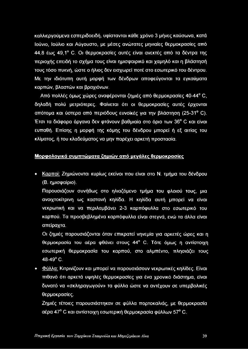 δέντρου. Με την ιδιότυπη αυτή μορφή των δένδρων αποφεύγονται τα εγκαύματα καρπών, βλαστών και βραχιόνων. Από πολλές όμως χώρες αναφέρονται ζημιές από θερμοκρασίες 40-44 C, δηλαδή πολύ μετριότερες.