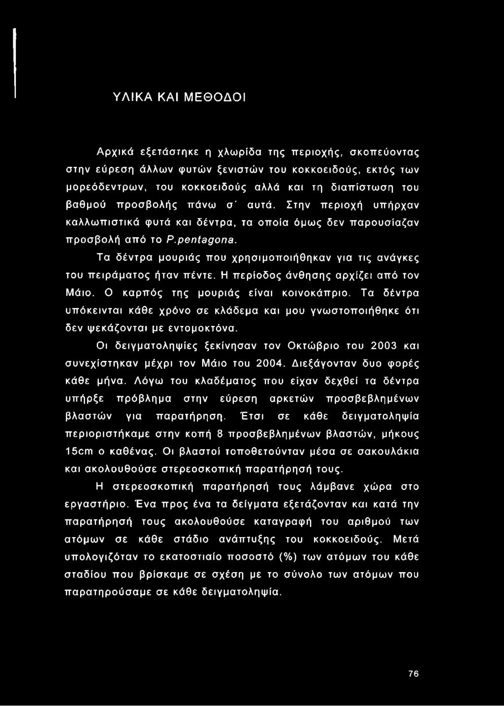 Τα δέντρα μουριάς που χρησιμοποιήθηκαν για τις ανάγκες του πειράματος ήταν πέντε. Η περίοδος άνθησης αρχίζει από τον Μάιο. Ο καρπός της μουριάς είναι κοινοκάπριο.