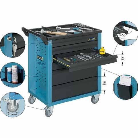 , cu compartimente pentru depozitarea pieselor mici Roţi cu rulmenţi de mari dimensiuni (ø100 mm) Dimensiuni 913x778x496 mm Echipare cărucior: Set