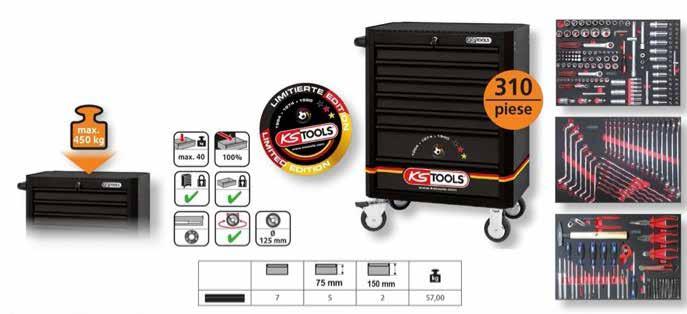 Cărucior seria MASTERline Dimensiuni B 727 x H 1005 x T 460 mm 7 sertare din care 2 cu înălţime de 150 mm şi 5 cu înălţime de 75 mm Capacitate de încărcare max.